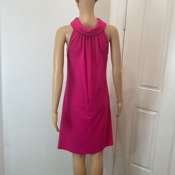 1901 Dress Hot Barbie Pink Gold Size 4 Halter Button Collar Neck Sleeveless Midi - Picture 5 of 9